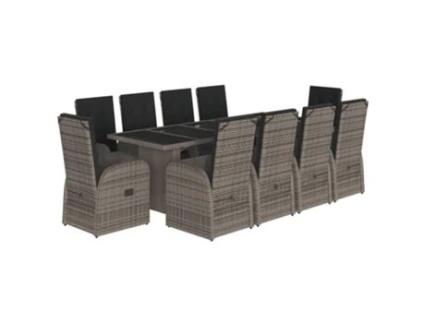 11 Peças Conjunto Jantar Para Jardim Com Almofadões Vime Pe Cinzento Clicnbuy
