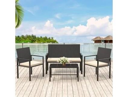 Móveis de Jardim em Imitação de Vime Móveis de Jardim 4 Pessoas com Almofada e Mesa de Centro de Vidro Preto BIGZZIA