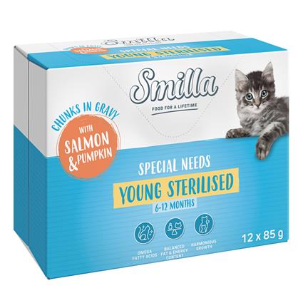 Smilla Young Sterilised Pedaços em molho com legumes - Salmão e abóbora (24 x 85 g)