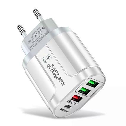 Carregador Rápido SiGN USB-C & 3xUSB-A, PD & Q.C 3.0, 36W - Branco