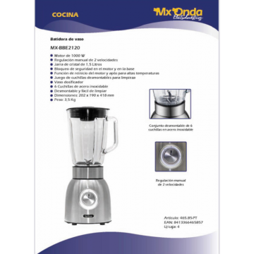 BATER. MXONDA MXBBE2120 INOX VIDRO 1.05L 1000W