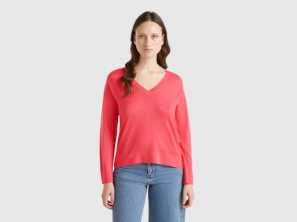 Benetton, Camisola Com Decote Em V Em Pura Lã Merino, size S, Fúcsia, Mulher