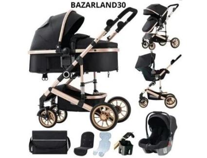 Bazarland30. Carrinho Portátil 3 Em 1 Para Bebé, Estrutura Em Alumínio Para Recém Nascido Preto