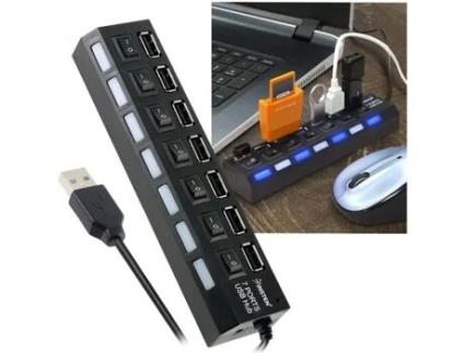 Multiprise Insten Hub 7 Portas USB 2.0 Alta Velocidade Botões Link Unlink Preto