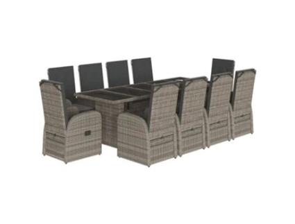 11 Peças Conjunto Jantar Para Jardim Com Almofadões Vime Pe Cinzento Clicnbuy