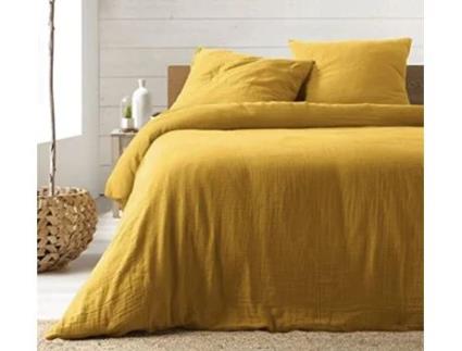 Conjunto de cama de gaze de algodão amarelo 240 x 220 cm Promo Linge