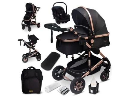 Bazarland30. Carriage 3 Em 1 Conjunto Completo Com Cadeirinha Carrinho Combinado Pneus Maciços Bolsa De Maternidade. Preto E Ouro Gagadumi