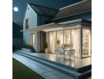 Toldo Coffre Hevoa Branco 6,00x3,50 Motorizado com socorro telecomando e LED - Tela Bege