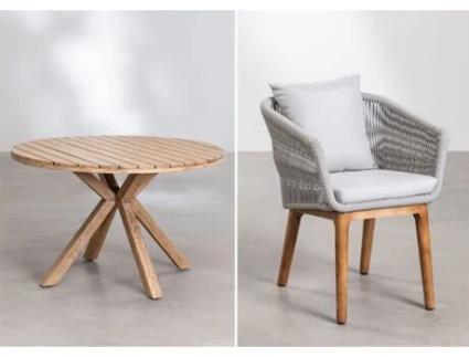 Conjunto de Mesa Redonda de Madeira Ø100 Cm Naele e 4 Cadeiras de Jantar Barker Madeira de Eucalipto Madeira de Acácia Cinzento Glaciar SKLUM