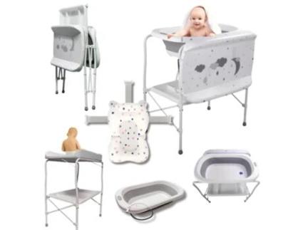 Banheira Dobrável Para Bebé Com Suporte E Muda Fraldas Almofada Redutora, Branca E Cinza Home X Gym