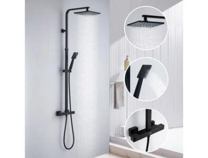 Coluna De Chuveiro Misturador Termostático 2 Funções Conjunto De Chuveiro Preto Em Latão Altura Regulável 110 137 Cm Auralum Max