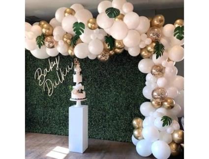 Kit Decoração Festa Leegoal Balões Látex Branco e Dourado e Folhas