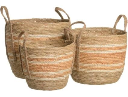 Conjunto De 3 Cestas De Fibras Naturias Laranja Com Asas Rústicas