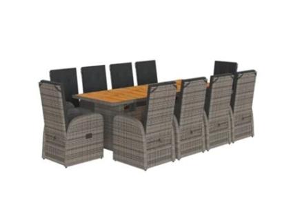 11 Peças Conjunto Jantar Para Jardim Com Almofadões Vime Pe Cinzento Clicnbuy