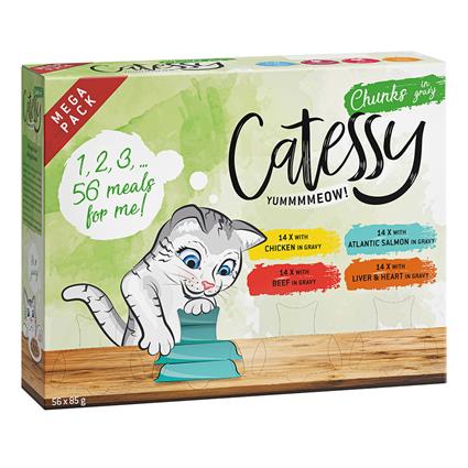 Catessy Pedaços em molho em terrinas 56 x 85 g a preço especial! - Mega Mix com 4 sabores (frango, escamudo, vaca, frango e coração)