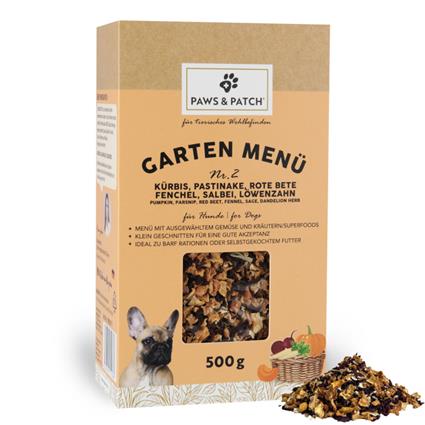 PAWS & PATCH Menu de jardim para cães - N.º 2: Abóbora, pastinaca, beterraba, funcho, salva, dente-de-leão (500 g)