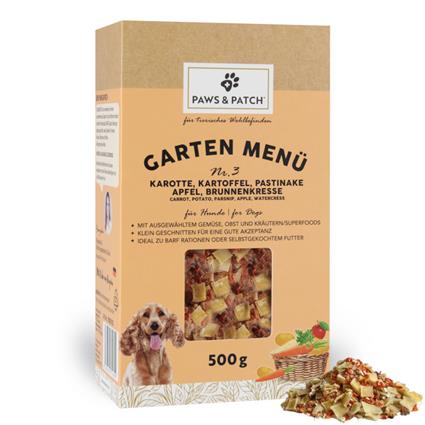 PAWS & PATCH Menu de jardim para cães - N.º 3: Cenoura, batata, pastinaca, maçã, agrião (500 g)
