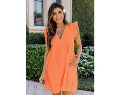 Vestido de Renda Manga Curta com Decote em V VCTEX  (Laranja)