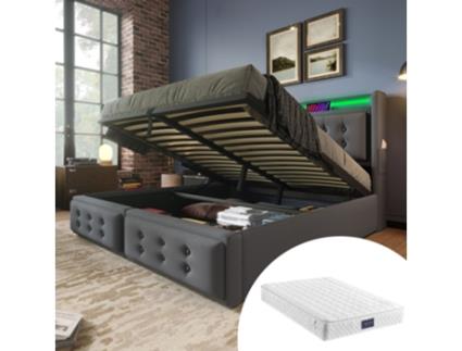 Cama Com Colchão Dupla E Cabeceira Estofada Led Usb-c Armazenamento Pangshiyaun Algodão Linho Cinzento (109x220x141cm)