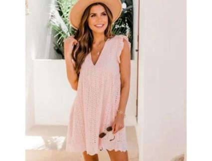 Vestido de Renda Manga Curta com Decote em V VCTEX  (Rosa)
