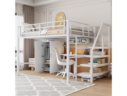 Cama Alta Multifuncional Roupa Prateleiras Escada Armazenamento Pangshiyaun Metal Branco (160x255x145cm)
