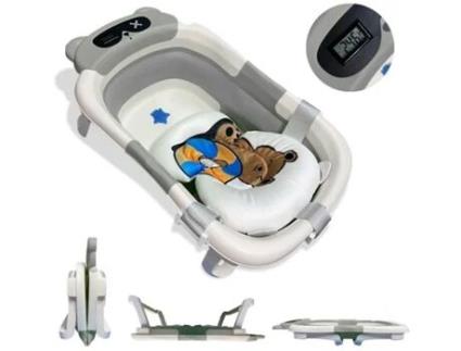 Banheira Portátil Dobrável Cinzenta Para Bebé Com Design Ergonómico, Almofada Antiderrapante E Termómetro Integrado, Modelo Urso Home X Gym