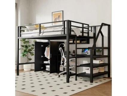 Cama Alta Multifuncional Roupa Prateleiras Escada Armazenamento Pangshiyaun Metal Preto (160x255x145cm)