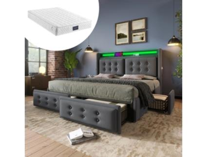 Cama Com Colchão Dupla E Cabeceira E Gavetas Estofada Led Usb-c Pangshiyaun Algodão Linho Cinzento (106x220x148cm)