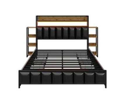 Cama Com Gavetas Led Prateleiras Uytie Pele Sintética Preto (160x200)
