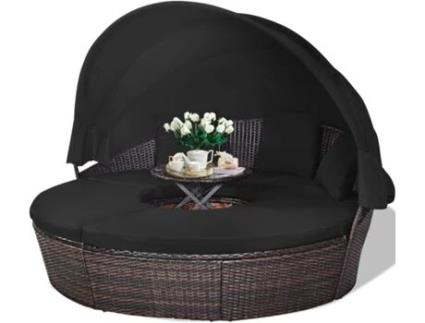 Espreguiçadeira de Vime para Jardim Dossel Dobrável Cama de Ilha Ao Ar Livre com Mesa Ajustável em Altura Proteção Uv COSTWAY