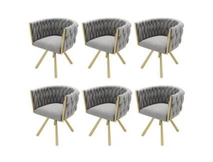 Conjunto De 6 Cadeiras Giratórias De Veludo Com Braços Pernas De Metal Dourado Cinzento Raumio