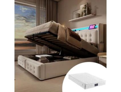 Cama Com Colchão Dupla E Cabeceira Estofada Led Usb-c Armazenamento Pangshiyaun Algodão Linho Bege (109x220x161cm)