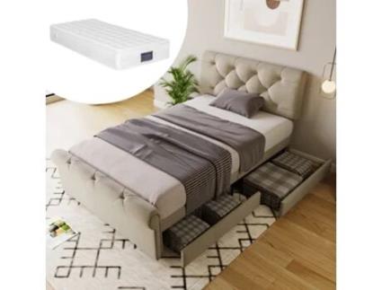 Cama Com Colchão De Solteiro E Cabeceira E Gavetas Estofada Chesterfield Pangshiyuan Madeira Metal Bege (90x200cm)