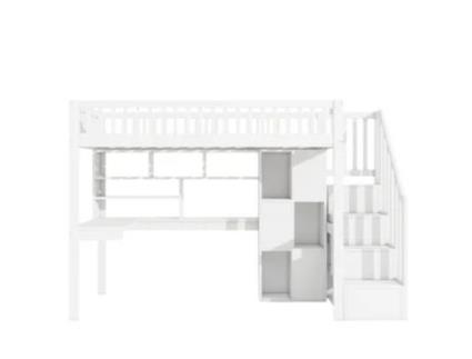 Cama Com Arrumação Alta Led Escada Raumio Madeira Branco (90x200)