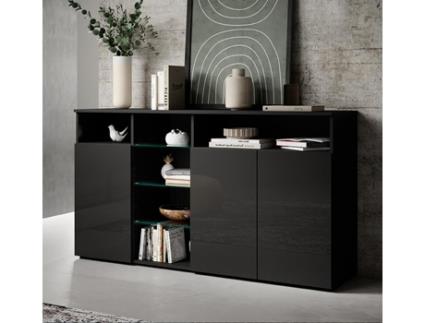 Aparador Melinda Com Luzes Led 150x82x40 Cm Preto Brilhante Design Moderno Fabricado Em Espanha Domensino