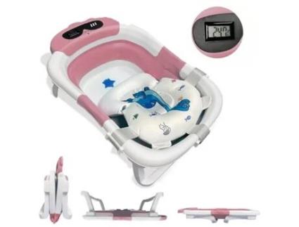 Banheira Portátil Dobrável Rosa Para Bebé Com Design Ergonómico, Almofada Antiderrapante E Termómetro Integrado, Modelo Dinossauro Home X Gym