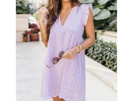 Vestido de Renda Manga Curta com Decote em V VCTEX  (Roxo)