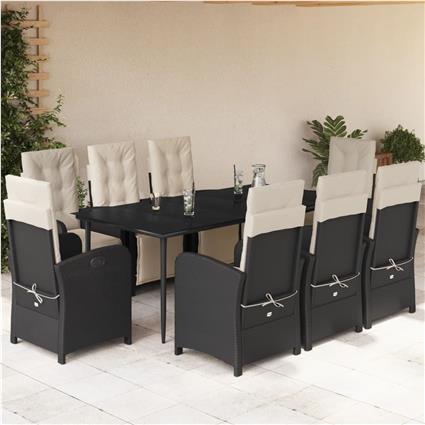 vidaXL 9 pcs conjunto de jantar p/ jardim c/ almofadões vime PE preto