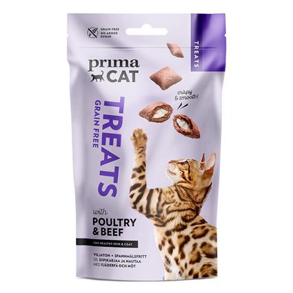 PrimaCat Crunchy Treats Skin & Coat com carne de aves e vaca - 40 g