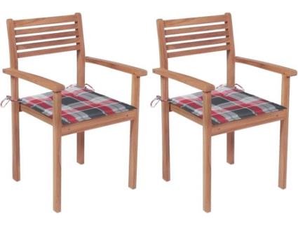 Cadeiras jardim c/ almofadões xadrez vermelho 2 pcs teca maciça