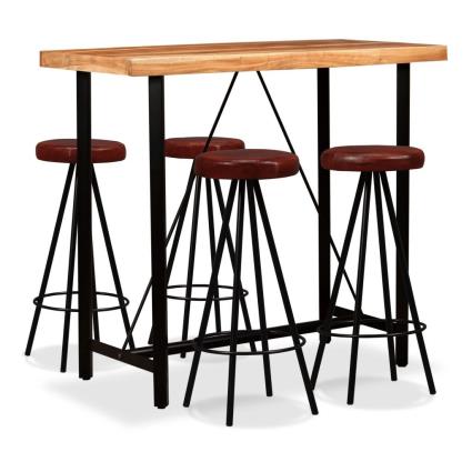 Conjunto de bar 5 pcs madeira acácia maciça e couro genuíno