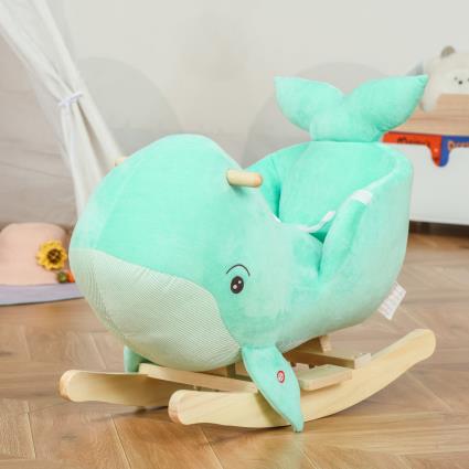 HOMCOM Baloiço com Forma de Baleia para Crianças de 18-36 Meses Baloiço de Pelúcia com Sons Cinto de Segurança e Apoio para os Pés 60x33x50cm Turquesa