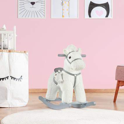 HOMCOM Cavalo Baloiço para Crianças de 18-36 Meses Cavalo de Balançar com Ursinho de Pelúcia Sons de Relinchos e Galopes base de Madeira 65x26x55cm Branco