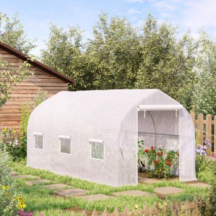 Outsunny Estufa de Jardim 400x200x200cm Tipo Túnel com 6 Janelas Transpiráveis e Portas Enrolável com Zíper para Cultivo de Plantas e Verduras Branco