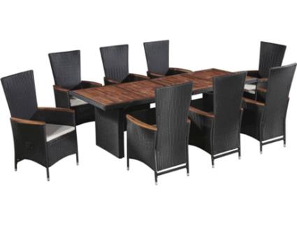 Conjunto de Jantar Exterior vime  almofadões preto (9 peças)