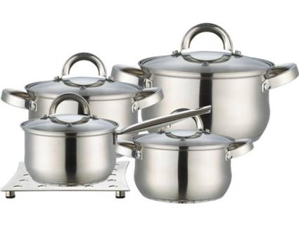 Trem Cozinha Indução Aço Inoxidável 9 Peças, Tampas Vidro Temperado  + 1 Descanso de Panela