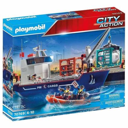 Grande Navio Porta-Contentores com Barco Aduaneiro