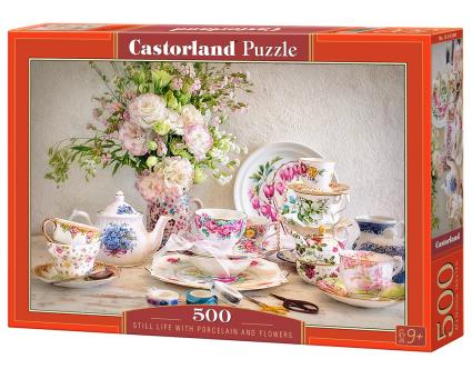 LAND STILL LIFE WITH PORCELAIN AND FLOWERS .
