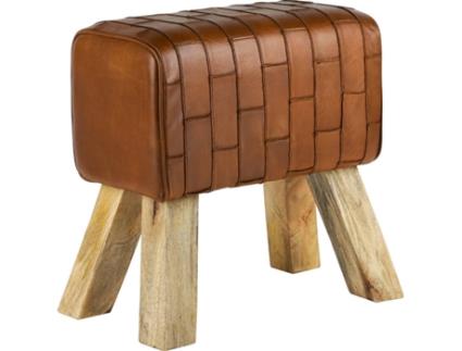 Banco  (Castanho - Madeira de Manga e Couro de Búfalo - 48 x 48 x 30 cm)