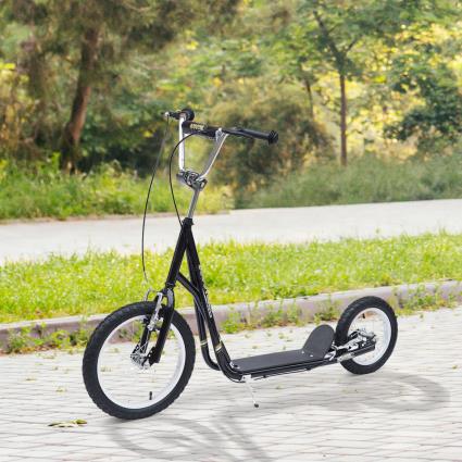HOMCOM Trotinete para Crianças acima de 5 anos Scooter de 2 Rodas Grandes com Duplo Freio e Guidão Ajustável em Altura Adolecentes Adultos 135x58x92-100cm Preto